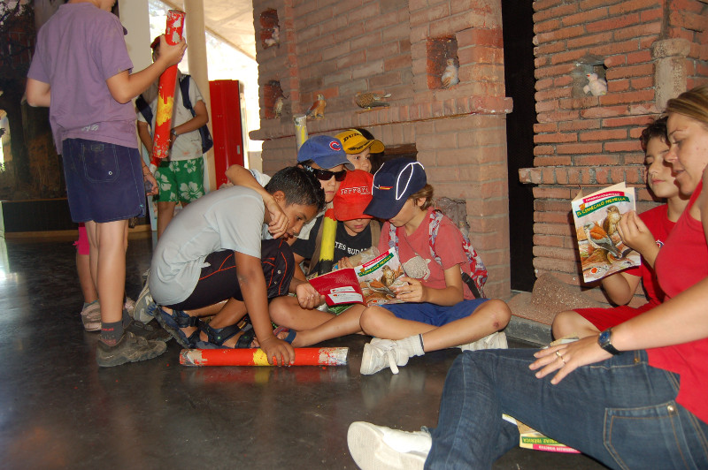 Mariela Vico con niños trabajando el cuadernillo didáctico sobre el cernícalo primilla.