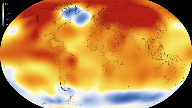 Las zonas anaranjadas y rojizas de este mapa recreado por la NASA muestran la localización de las temperaturas de 2015 consideradas anormalmente altas.