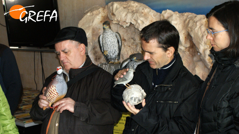 Varias personas con deficiencia visual tocan réplicas de animales durante una visita a GREFA.