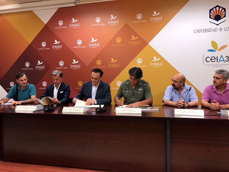 Momento de la firma del convenio sobre el primilla entre el rector de la Universidad de Córdoba (UCO), José Carlos Gómez, y el presidente de GREFA, Ernesto Álvarez. 
