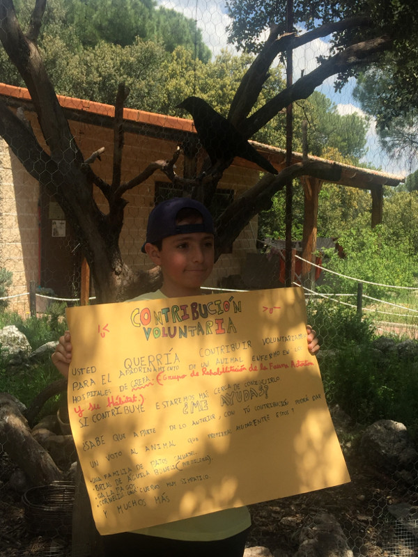 Marcos muestra un cartel explicativo de su colaboración junto a la corneja "Cornelius" en el centro "Naturaleza Viva" de GREFA.