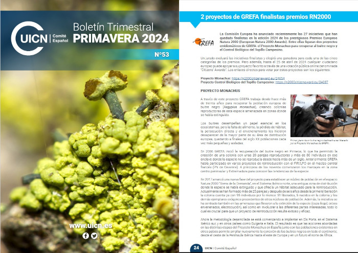 Portada del número 53 del boletín de CeUICN y primera página del artículo dedicado a los proyectos de GREFA finalistas en los Premios Europeos Natura 2000.