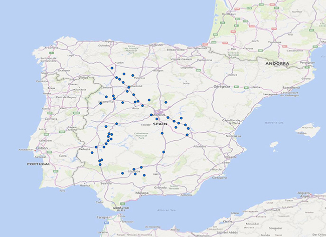 Silos y otros puntos de actuación del proyecto "Corredores para el primilla" de GREFA. No se incluye la red de primillares creada por esta ONG en la Comunidad de Madrid.