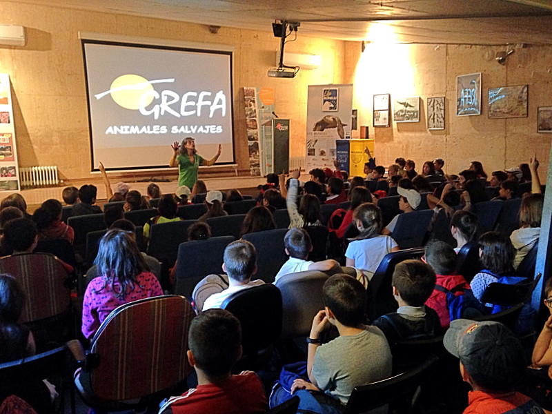 Escolares en la charla inicial de la visita a las instalaciones de GREFA