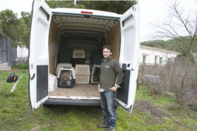 Manuel Galán junto a la furgoneta llena con los buitres leonados en sus transportines