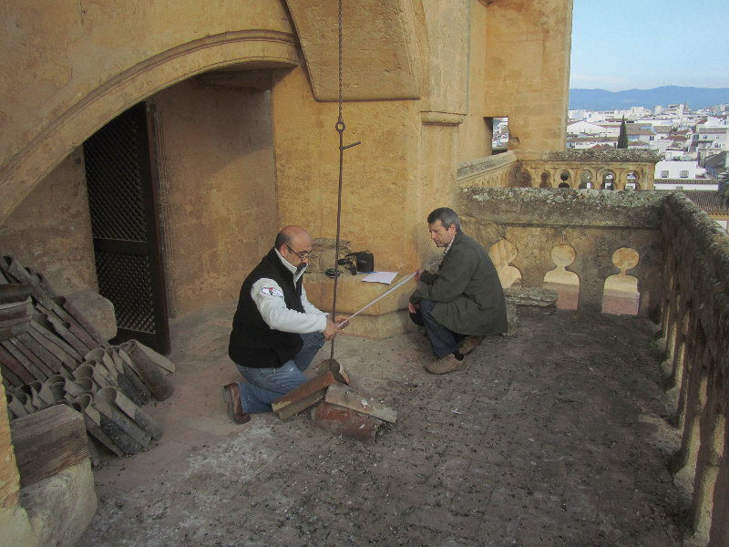 Our colleages of GREFA in Cordoba, making measurements of the terrace where the hacking will be placed.