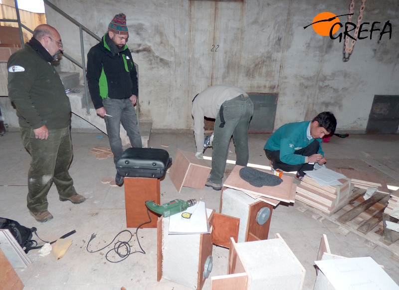 En las fotografías, diferentes momentos de los recientes trabajos de colocación de nidales para el cernícalo primilla en el silo de Baena (Córdoba).