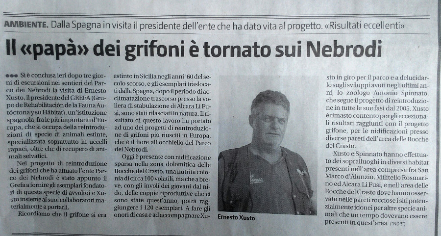 Recorte de prensa del 'Giornale di Sicilia' del pasado 3 de julio sobre la visita de Ernesto Álvarez, presidente de GREFA, al Parque Natural de Nebrodi (Sicilia).
