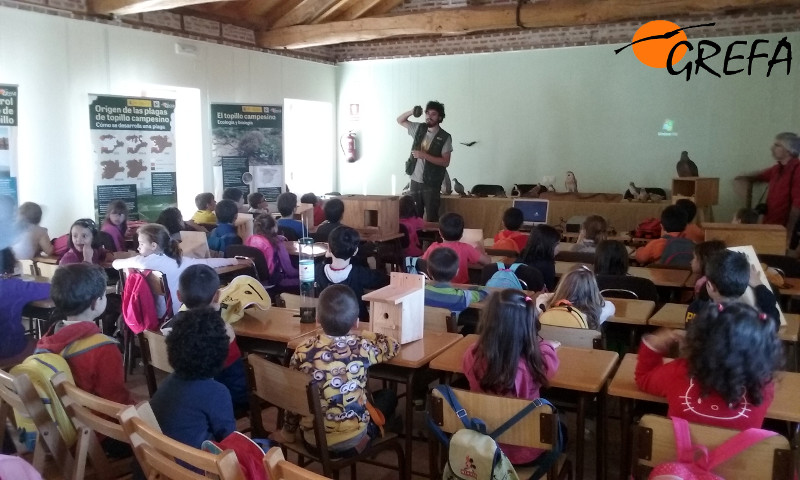 Carlos Cuéllar, de GREFA, se dirige a los niños del colegio Arturo Duperier, de Ávila, durante su charla en las jornadas de El Oso.