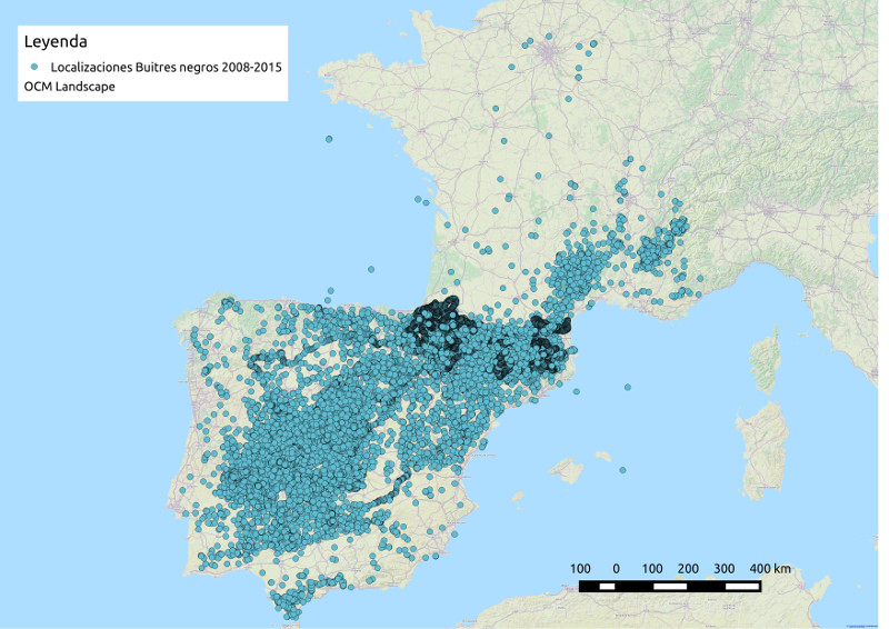 Localizaciones cartográficas de las señales emitidas desde el año 2008 por los buitres negros