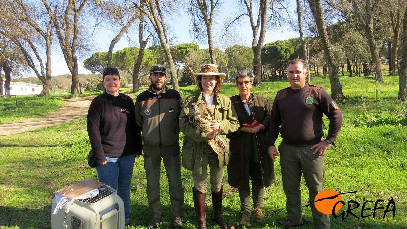 De izquierda a derecha. Isabel Moreno (Rehabilitadora de GREFA), Miguel Higueras (Agente Forestal de la CAM), Victoria Urquijo (Propietaria), Marta Malumbres (Administradora) y José (Guarda de Los Molinillos).