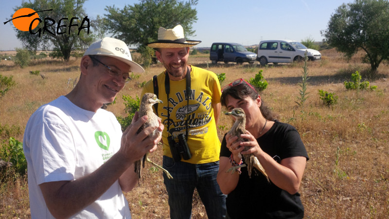 Los padrinos con los alcaravanes momentos antes de la suelta