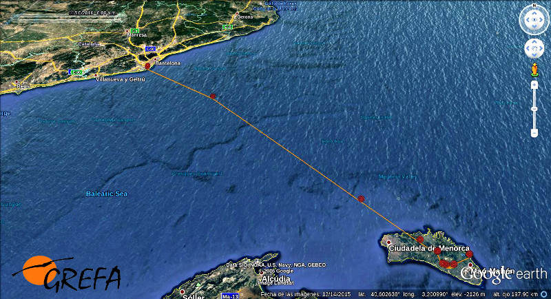 Trayecto recorrido por "Zarza" desde Barcelona hasta Menorca.