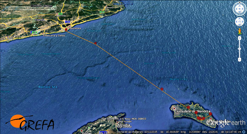 Trayecto recorrido por "Zarza" desde Barcelona hasta Menorca.