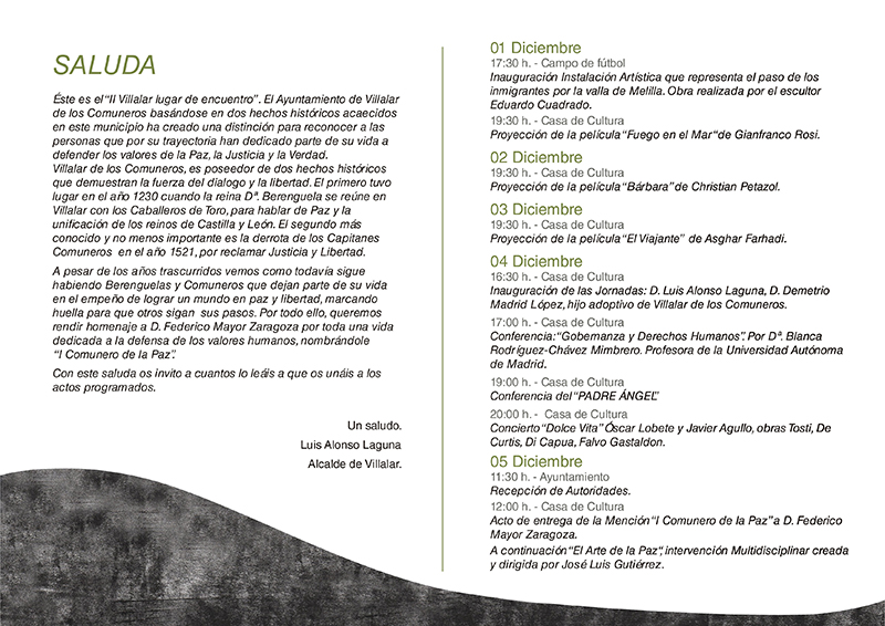 Programa de las jornadas “Villalar, lugar de encuentro para la Paz”.