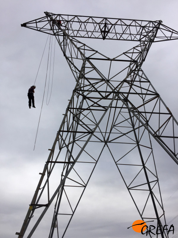 Un escalador trabaja en la torre de alta tensión donde hemos colocado la plataforma para gandes rapaces.