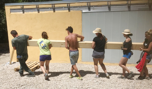 Un grupo de voluntarios de uno de nuestros campos de trabajo internacionales de este verano en Villalar de los Comuneros (Valladolid) transporta una viga de madera.
