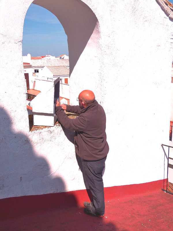 Un miembro de GREFA-Andalucía instala una caja nido de cernícalo primilla de manera que quede protegida de la insolación por un arco.