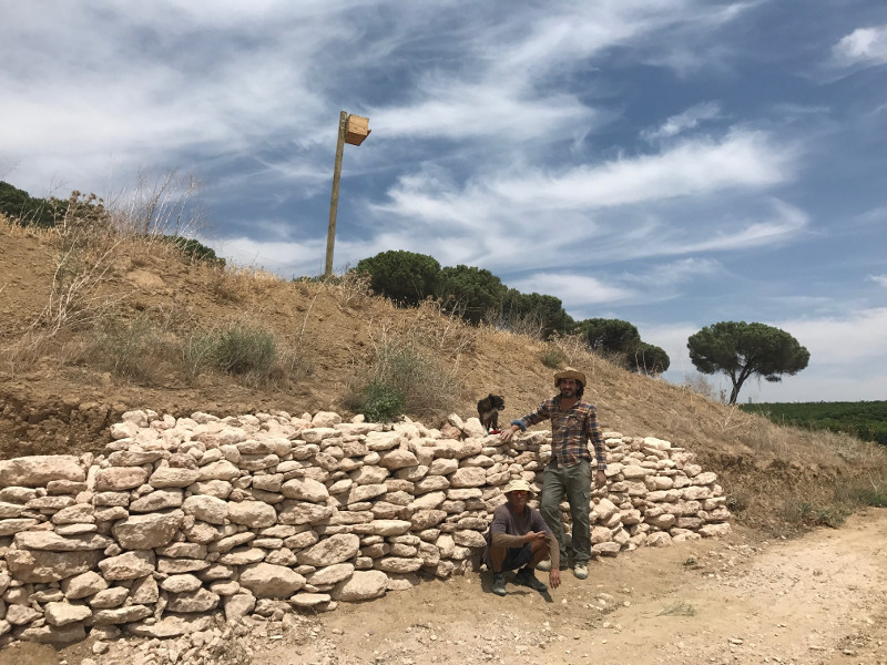 Muro construido para albergar reptiles y pequeños mamíferos como la comadreja. Al fondo se aprecia una caja nido sobre un poste colocada para fomentar la reproducción de rapaces depredadoras de topillos.