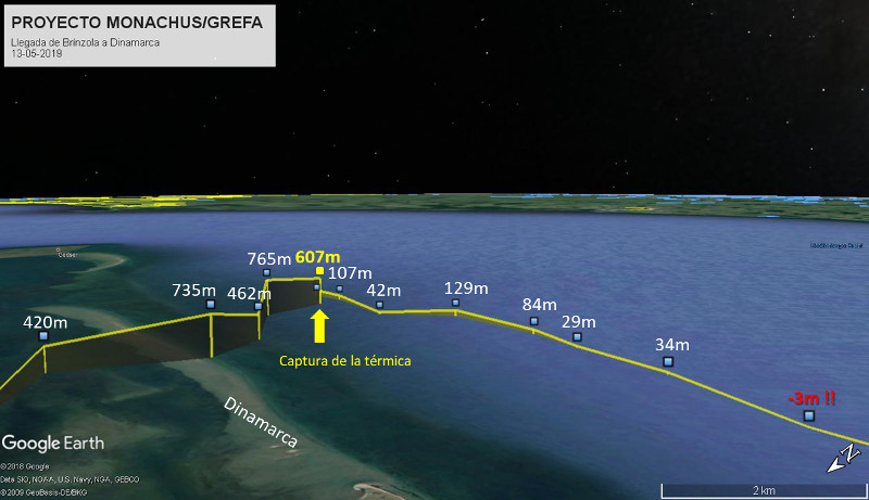 Altitudes de vuelo de "Brínzola" sobre el mar hacia Dinamarca, tras dejar atrás Alemania. 