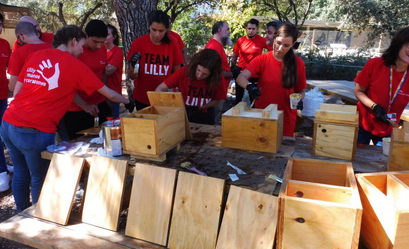 Empleados de Lilly montan cajas nido durante su jornada de voluntariado con nosotros.