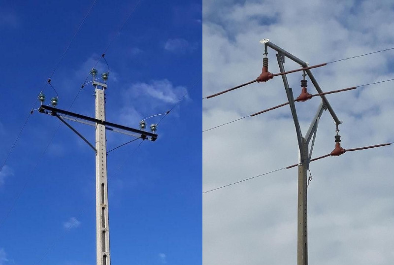 Tendido eléctrico junto a Alamedilla del Berrocal (Ávila), donde recientemente encontramos un milano real electrocutado. A la izquierda uno de los apoyos de esa línea antes de la corrección; a la derecha el mismo apoyo una vez modificado para evitar muertes de aves.