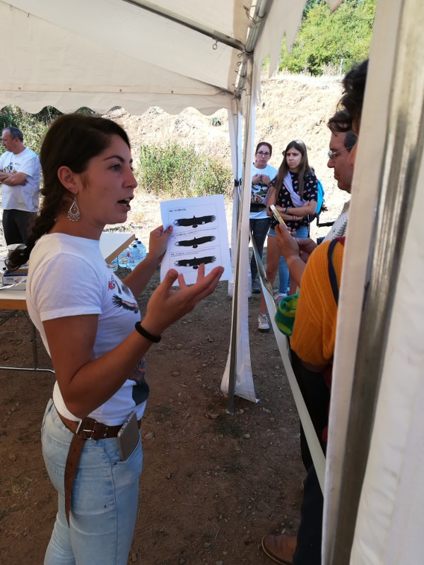Lorena Juste, bióloga de GREFA, muestra a los visitantes un esquema de las decoloraciones alares que se realizarán a cada buitre negro.