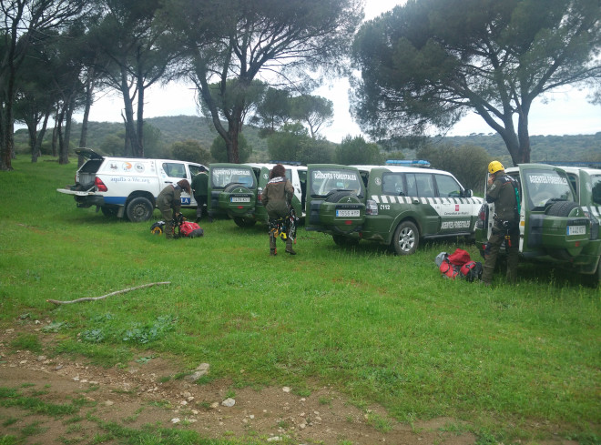 Agentes Forestales de la Comunidad de Madrid y miembros de GREFA / AQUILA a-LIFE se preparan para subir al pollo criado en cautividad al nido de águila de Bonelli de la Sierra Oeste de Madrid en el que será introducido.