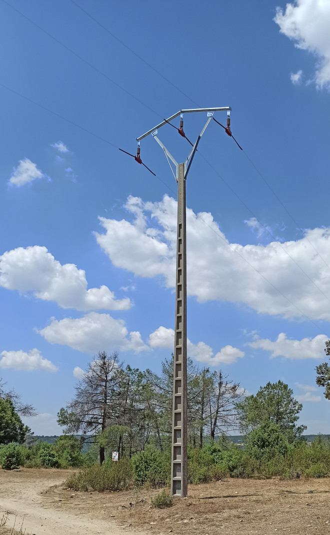 Apoyo eléctrico peligroso para el águila de Bonelli en Santa María de la Alameda (Madrid), antes y después de las correcciones y adaptaciones aplicadas a mediados del pasado mes de mayo.