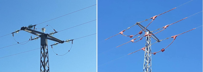 Aspecto de un mismo apoyo del tendido eléctrico intervenido antes y después de las mejoras anti-electrocucióm realizadas.