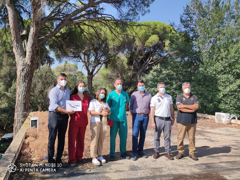 Foto de grupo de representantes de Zoetis y GREFA con el milano real "Zoe".