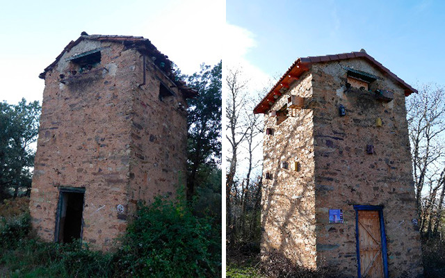 Antes y después de la rehabilitación de la caseta de Murias de Pedrero (León).