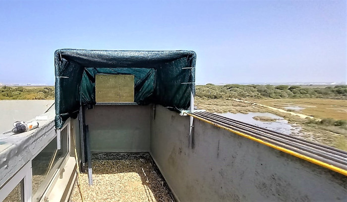 Aspecto del cajón de "hacking", ya instalado en una terraza del Instituto de Ciencias Marinas de Andalucía, en plena bahía de Cádiz.