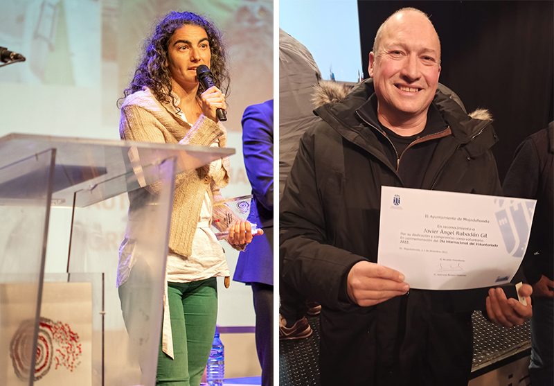 Nuestros voluntarios Sandra Goded y Javier Rabadán, durante los respectivos actos de reconocimiento al voluntariado que han protagonizado recientemente.