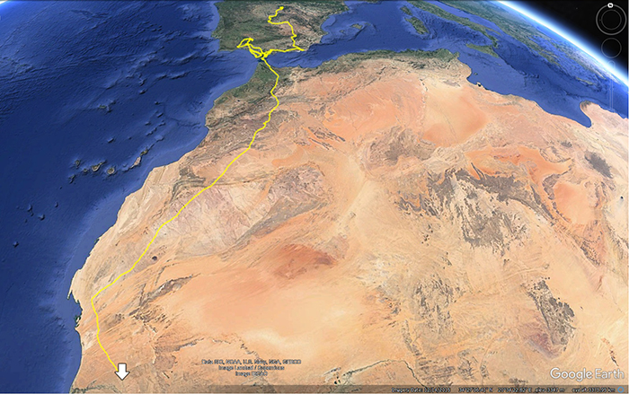 Recorrido del viaje a África realizado por "Fuelle" a los pocos meses de nacer en la Sierra de la Demanda.