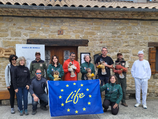 Presentación de los cinco pollos de águila de Bonelli trasladados a Navarra, tras su llegada a Arguiñáriz (Guirguillano). Entre ellos está "Garras", nacido en Mallorca en 2022 e hijo de la pareja formada por "Cullera" y "Dodiel".