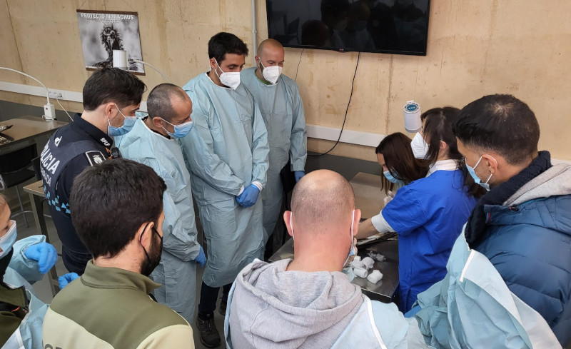 Veterinarios de GREFA durante la práctica de necropsias, explicando nociones básicas a los alumnos.