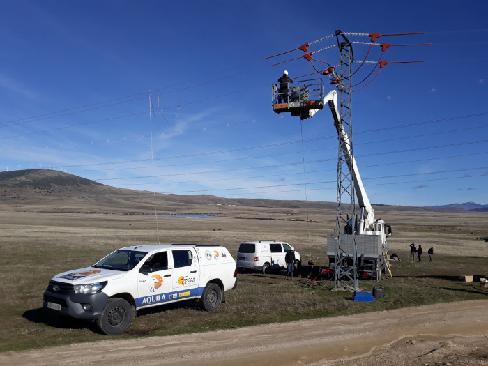 Momento de la colocación de material aislante en un apoyo de un tendido eléctrico cercano al CTR Ávila-Norte, efectuada a finales de 2021 bajo la cobertura del proyecto AQUILA a-LIFE.