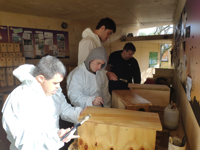 Participantes en el Programa de Prácticas en Entorno Laboral de la Fundación Gil Gayarre durante su trabajo con las cajas nido.