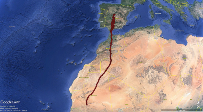 Ruta seguida por el águila culebrera “Eiris” hasta el sur de Mauritania.