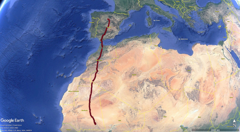 Ruta seguida por el alimoche “Montejo” desde su área de invernada africana a su zona de cría ibérica.