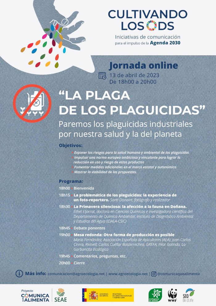 Cartel anunciador de la jornada “La Plaga de los Plaguicidas” de la Sociedad Española de Agricultura Ecológica (SEAE).