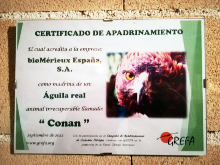 Placa con el certificado de apadrinamiento de un animal irrecuperable realizado por bioMérieux.