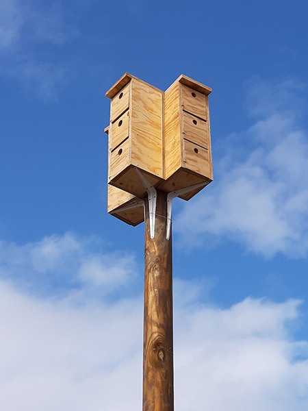 "Gorrionera" vertical sobre poste, con tres módulos de nidos, diseñada para crear un efecto "colonia".