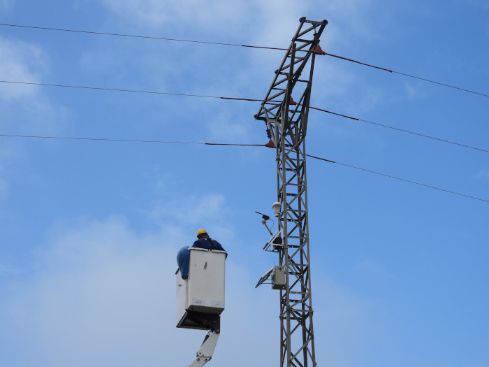 Momento de la colocación de un dispositivo antiposada en un apoyo eléctrico situado en el entorno de la zona de liberación de los pigargos.