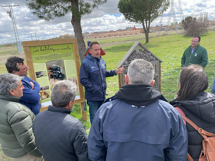 Fernando Blanca, de GREFA, explica a un grupo de visitantes la importancia de las abejas silvestres junto a un cartel dedicado a estas especies y un "hotel de insectos", en Villalar de los Comuneros (Valladolid).