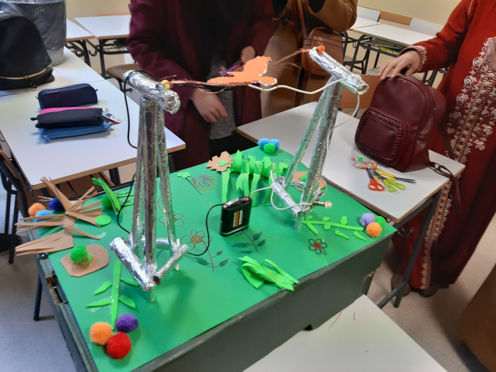 Maqueta realizada por un grupo de formación de mujeres adultas de Collado Mediano (Madrid) para el proyecto “A Vista de Pájaro: Diarios de Viaje”. Con ella se muestra cómo se produce la electrocución de muchas aves migratorias en los tendidos de alta tensión.