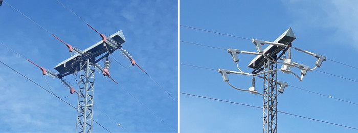Medidas anti-electrocución de aves mejoradas (foto de la derecha) en un apoyo que ya había sido corregido, aunque de forma insuficiente (foto de la izquierda).  