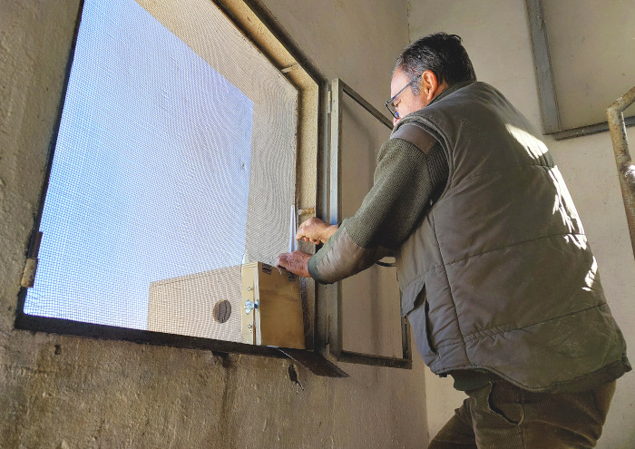 Un colaborador instala una caja nido en el silo de Montilla (Córdoba). Foto: José María Ayala.