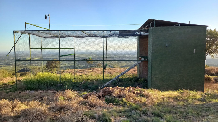 Aspecto de la "jaula-hacking" para el águila de Bonelli construida por GREFA en la Sierra de Guara (Huesca).